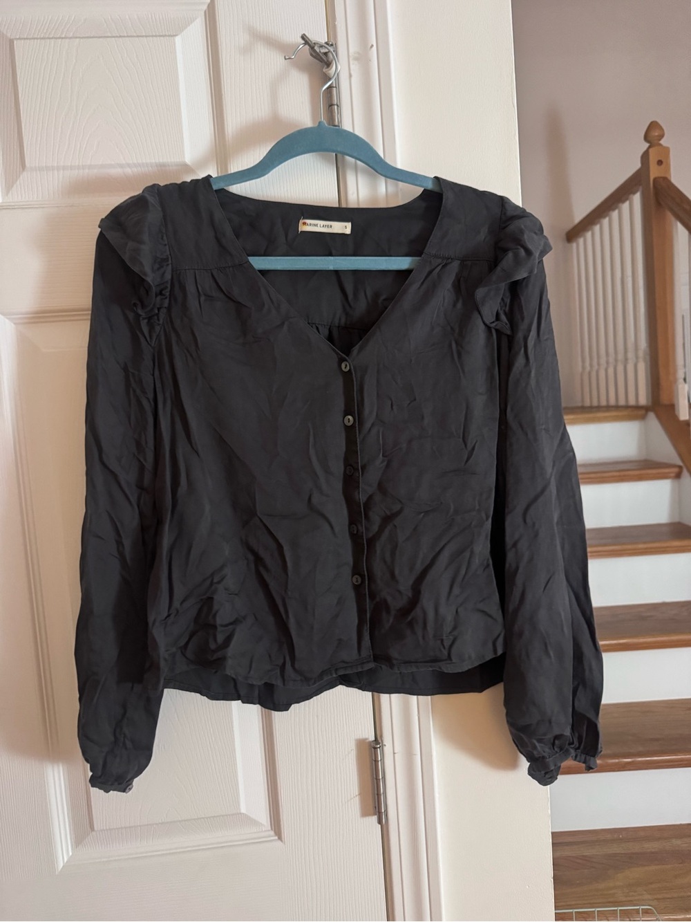 Marine Layer Black V-Neck Button-Front Long Sleeve Blouse